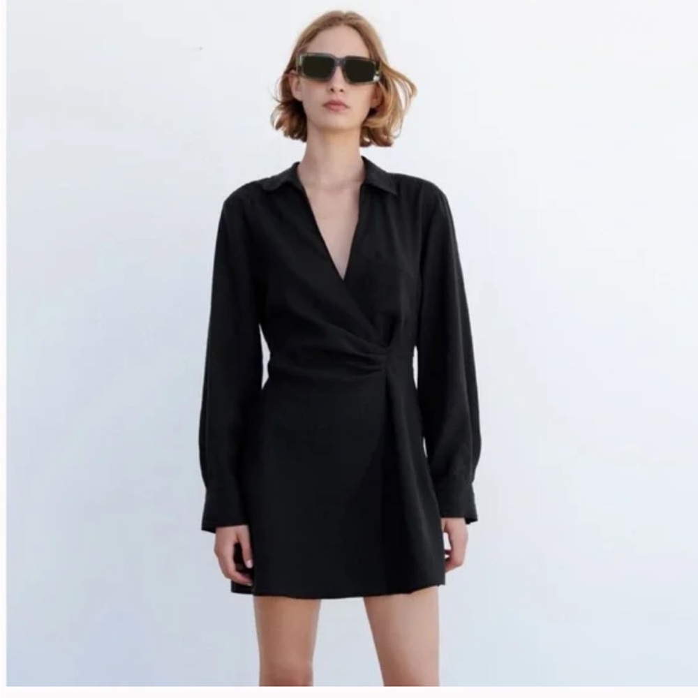 Zara Black Long Sleeve Faux Wrap Mini Dress - L
